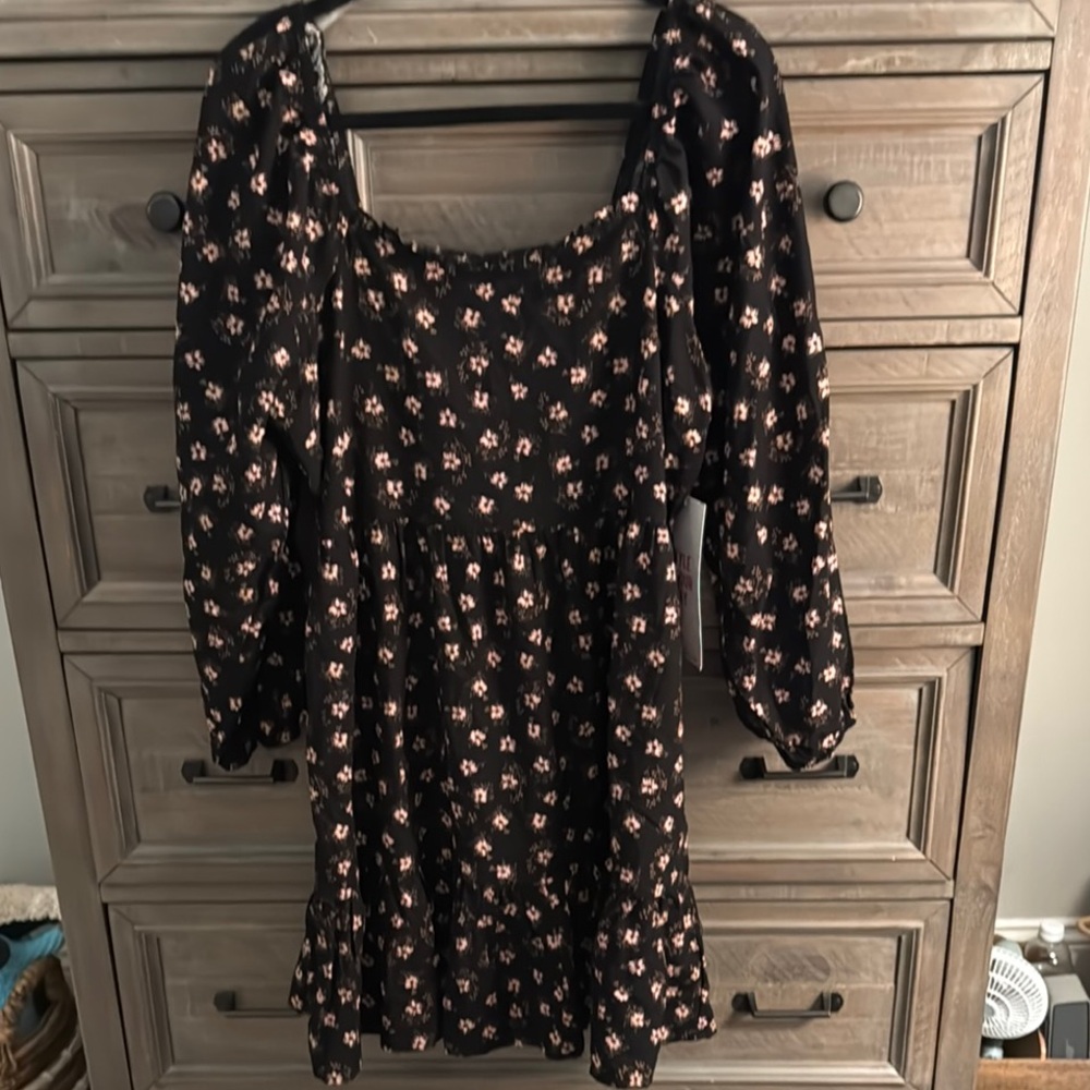 Floral Black Dress with Long Sleeves